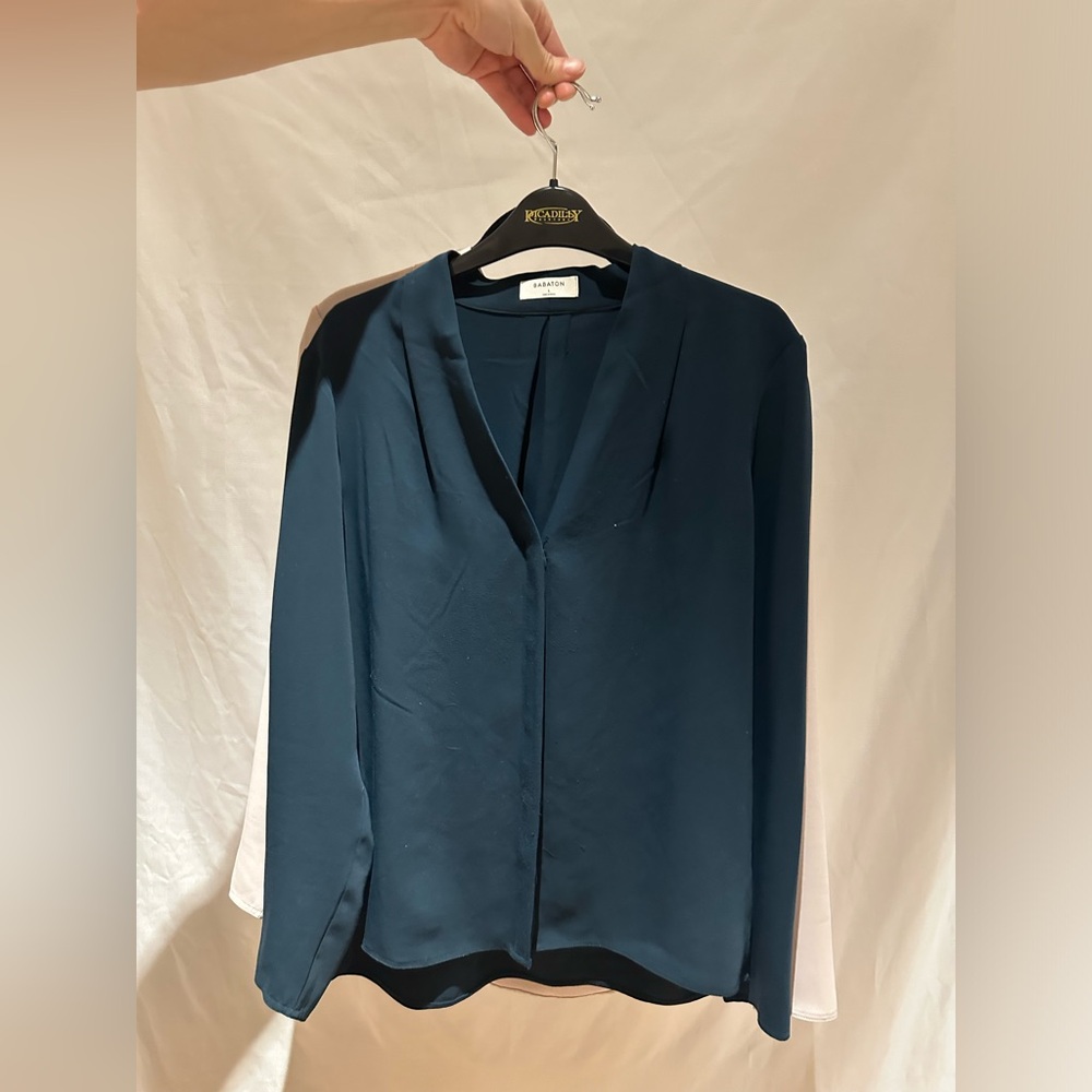 2 Babaton blouses from Aritzia (size large, dark green and tan/pale colours)